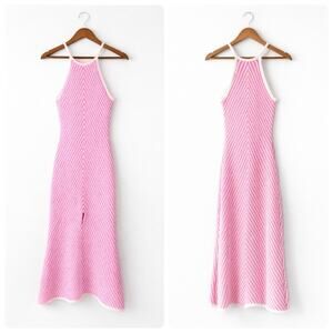 SAGE The Label Pink White Chevron Knit Halter Long Dress Size S Front Slit